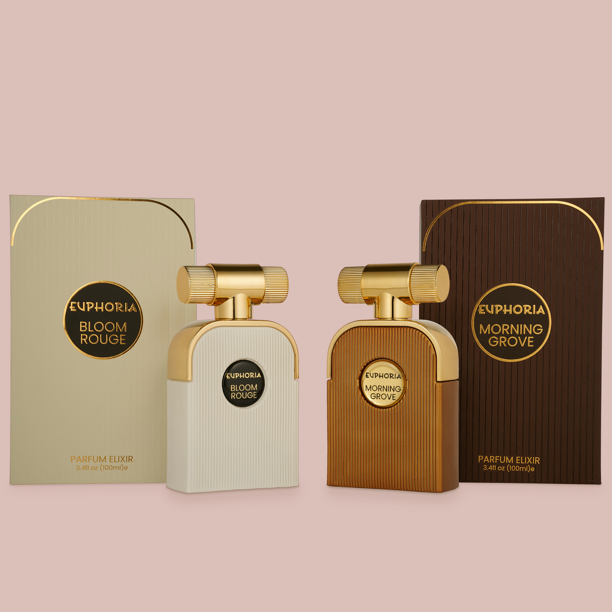 Bloom Rouge and Morning Grove bottles with their pinstriped boxes, gold arches and fluted gold caps